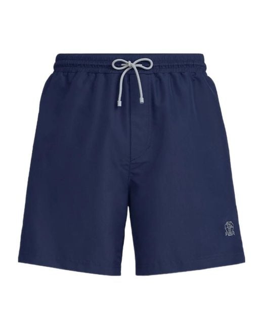 Brunello Cucinelli Blue Logo Detailed Drawstring Swim Shorts for men