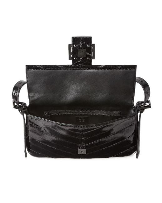 Fendi Black Baguette 26424 Inlaid Hagfish Leather Bag