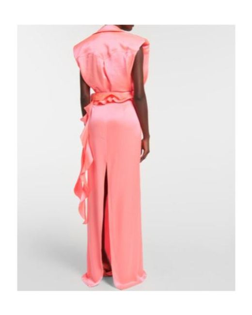 David Koma Pink Ruffle Satin Wrap Gown