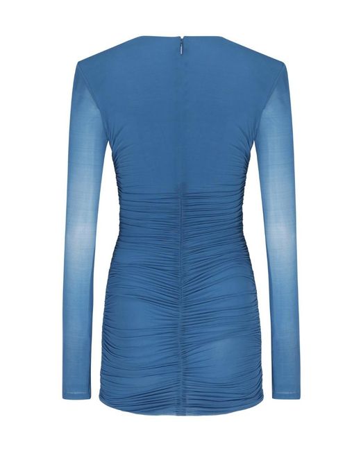 Saint Laurent Blue Draped V-Neck Long-Sleeved Dress