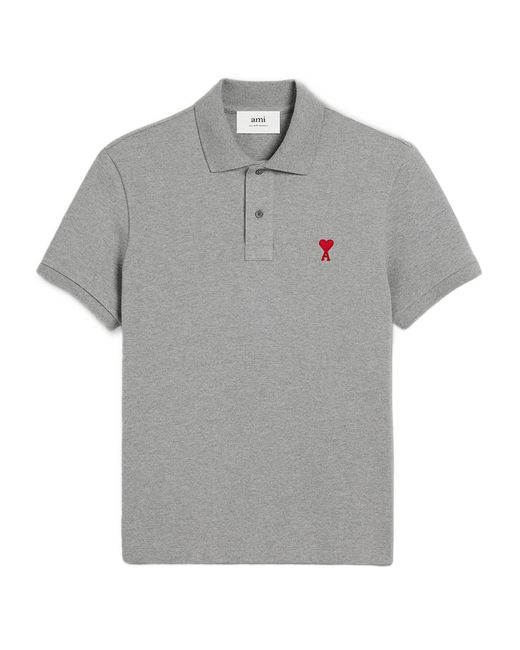 AMI Gray Ami De Coeur Logo Embroidered Short-Sleeved Polo Shirt for men
