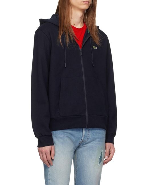 Lacoste Blue Logo Patch Zip-Up Drawstring Hoodie for men