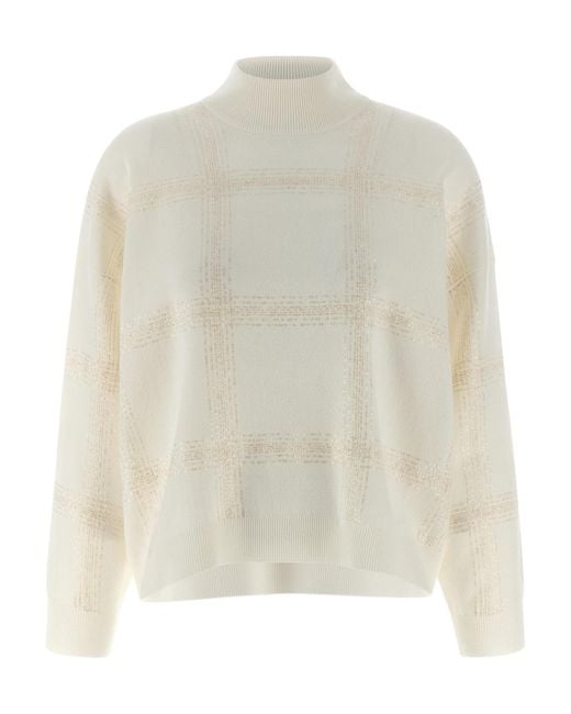 Brunello Cucinelli White Sequin Embellished Turtle Neck Knitted Jumper