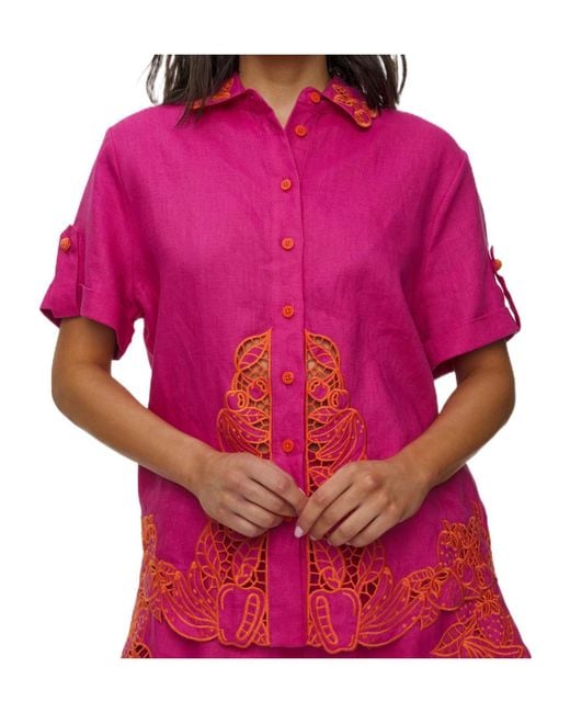 Farm Rio Pink Guipure-Lace-Trim Short-Sleeve Shirt