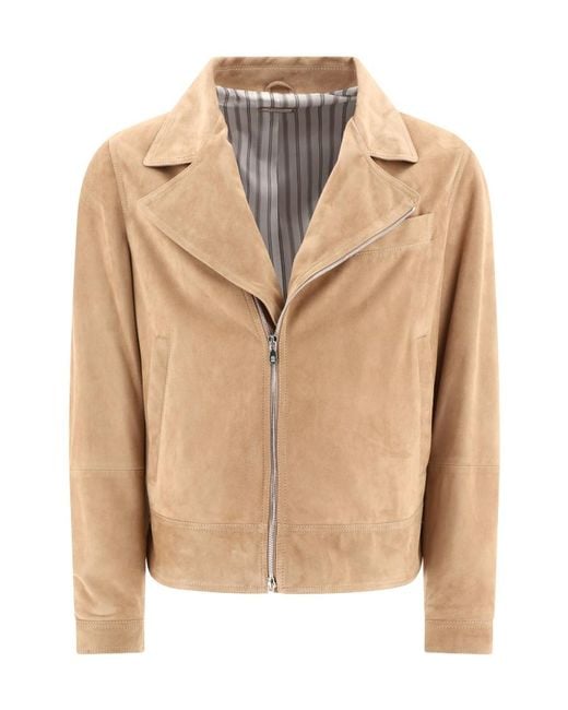 Brunello Cucinelli Natural Suede Biker Jacket for men