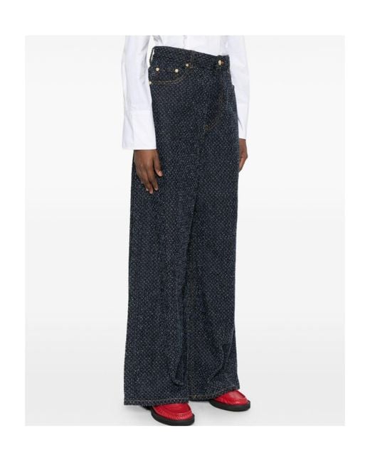 Ganni Blue Logo Patch Wide Leg Jeans