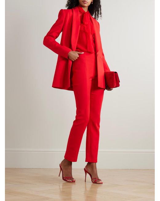 Carolina Herrera Red Tie-Collar Ruffle Shirt