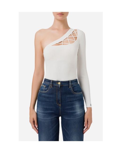 Elisabetta Franchi White One-Shoulder Crossover Detailed Top