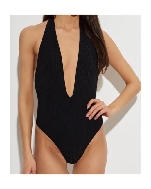 Balmain Black Plunge Monogram One-Piece Beachwear