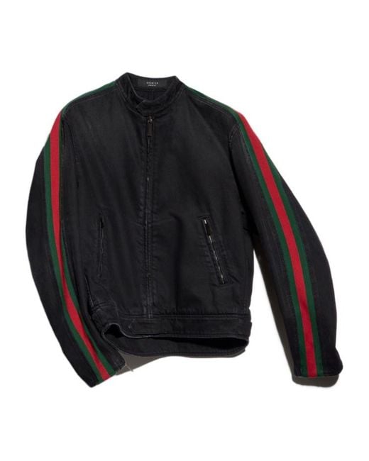 Gucci Black Web Detailed Denim Biker Jacket for men