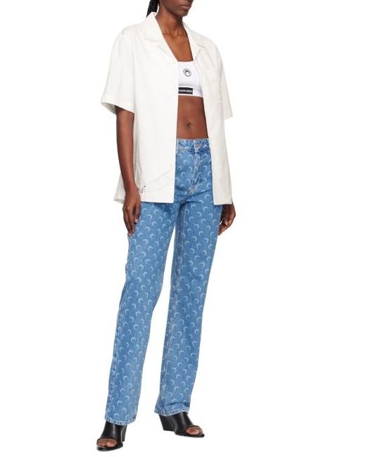 MARINE SERRE White Lace-Insert Short-Sleeves Shirt