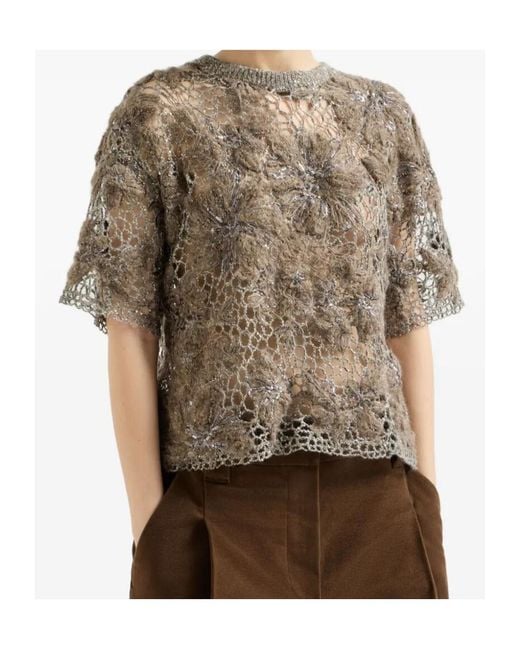 Brunello Cucinelli Multicolor Whispering Bloom Embroidery Knit T-Shirt