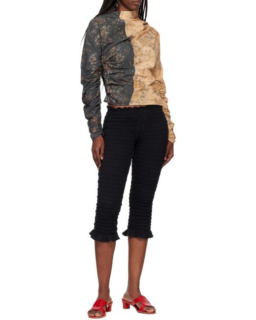 Ganni Black Asymmetric-Neck Floral-Printed Ruched Top