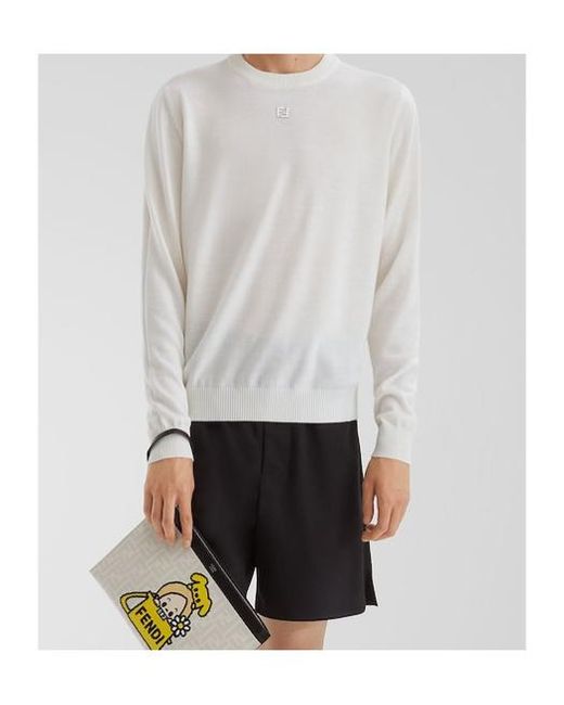 Fendi White Logo Plaque Crewneck Knitted Jumper for men