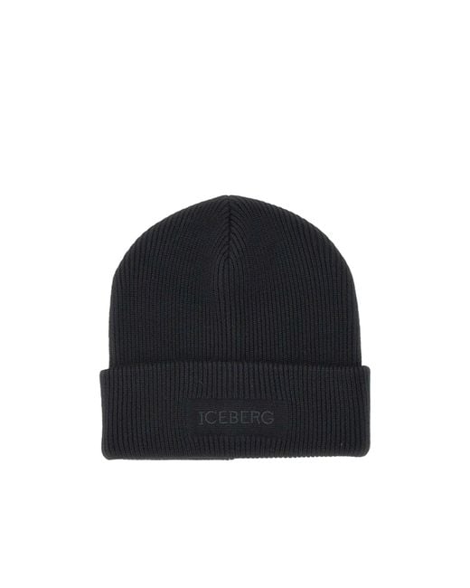 Iceberg Blue Ribbed Logo Beanie Hat for men