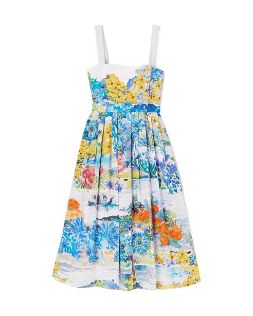 Mary Katrantzou Blue Iris Pleated Floral-Print Cotton-Poplin Midi Dress