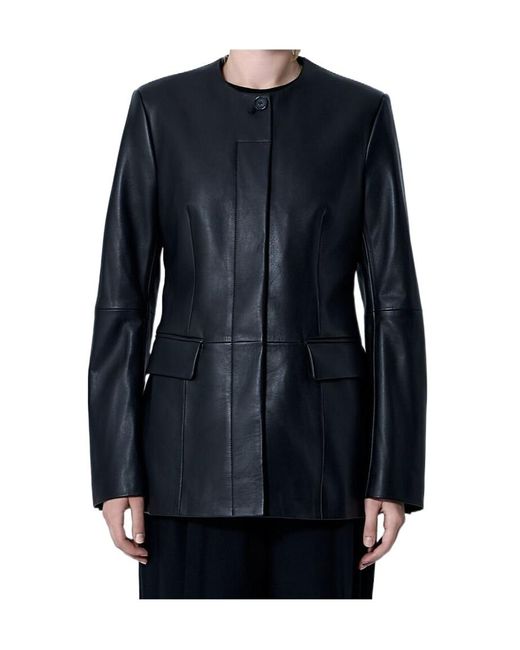 Totême Blue Totême Long Sleevedcrewneck Leather Jacket
