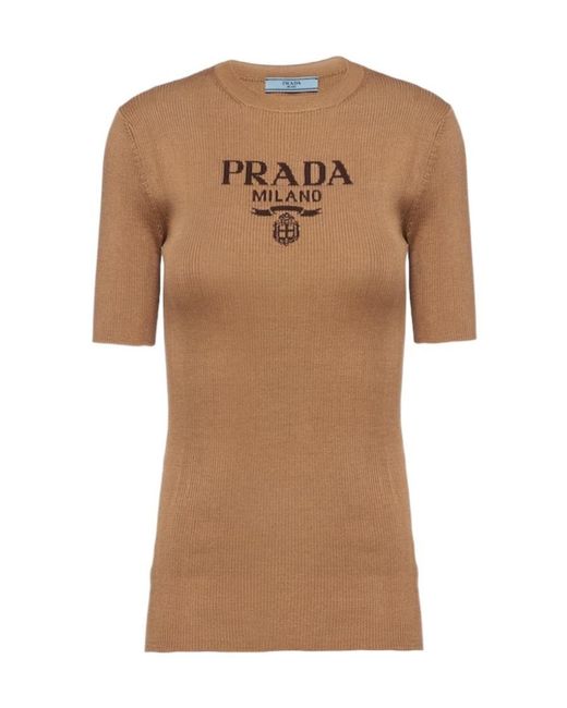 Prada Brown Logo Embroidered Ribbed Top