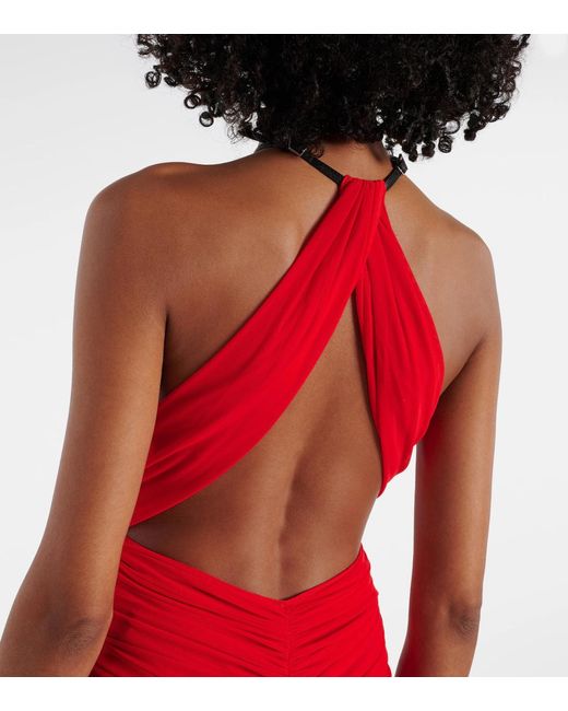 Mugler Red Pleated Neckline Midi Dress