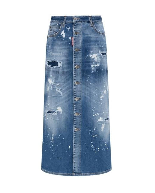 DSquared² Blue Distressed Denim Midi Skirt