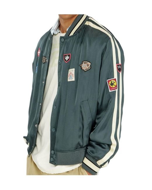 DIESEL Blue Satin Bomber Jacket With Patches for men