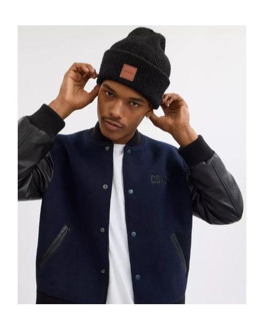 COACH Black Knit Beanie With Leather Patch for men