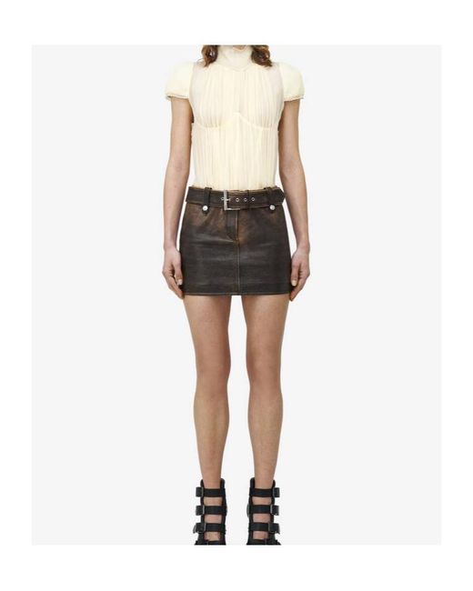 McQueen Brown Belted Leather Mini Skirt