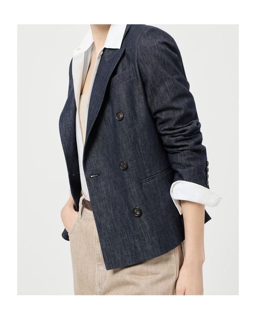 Brunello Cucinelli Blue Double Breasted Long-Sleeved Blazer