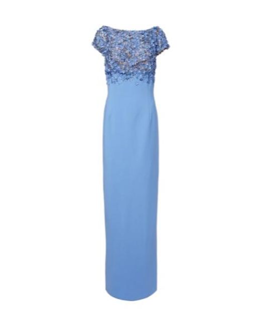 Oscar de la Renta Blue Porcelain Flower Embellished Wool-Blend Gown
