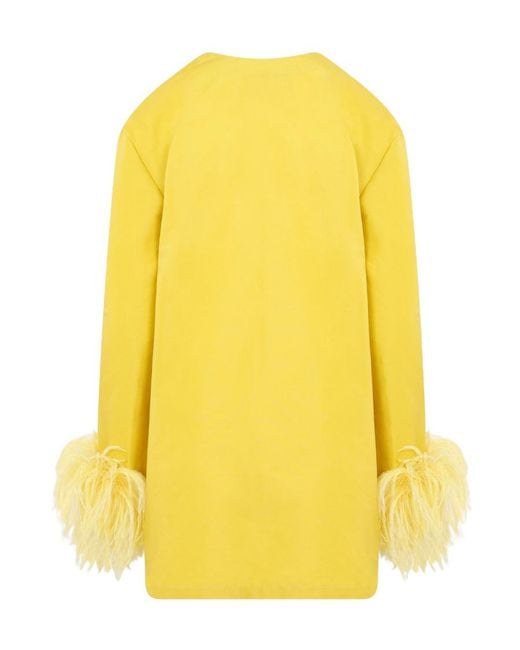 Valentino Yellow Feather-Trim Long-Sleeved Mini Dress