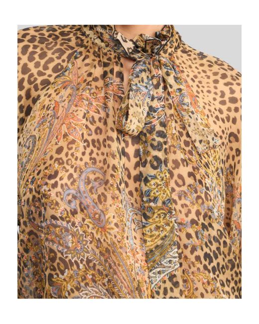 Etro Brown Paisley And Animal Printed Scarf Chiffon Blouse