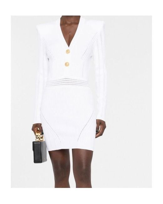 Balmain White Ribbed-Knit Mini Dress
