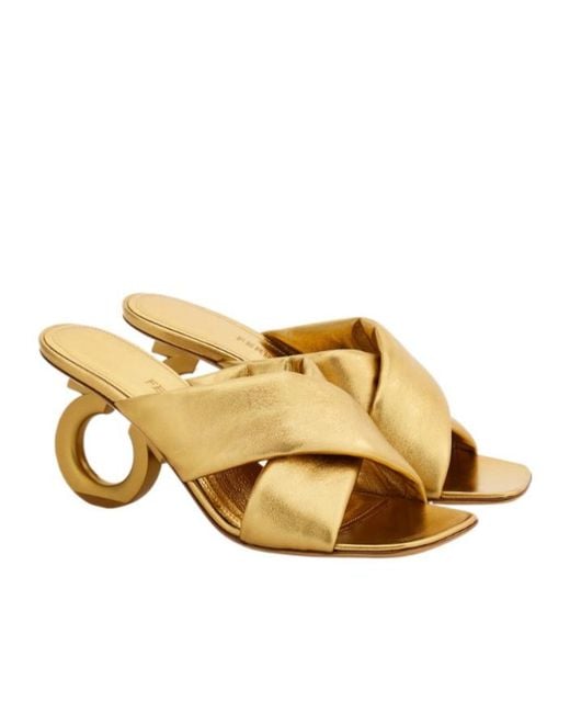 Ferragamo Metallic Padded Sandal With Gancini Heel