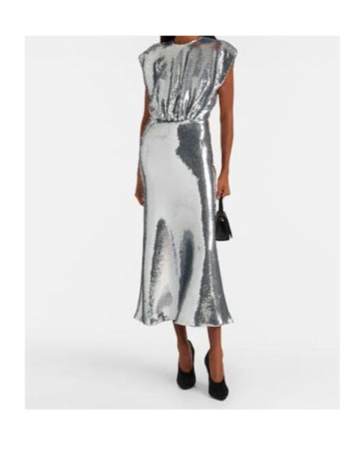 David Koma Gray Gathered Sequined Midi Dress