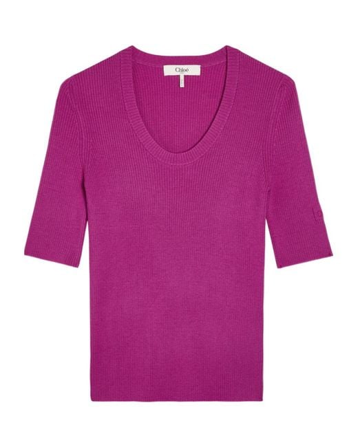 Chloé Pink Logo-Embroidered Ribbed Wool Top