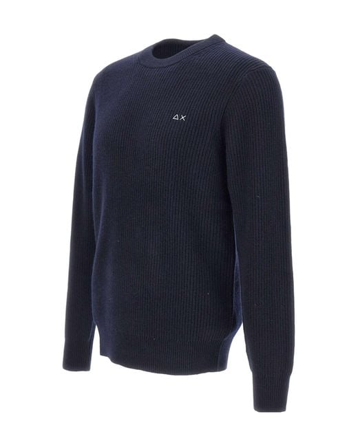 Sun 68 Blue Ribbed Crew Neck Knitted Sweater for men