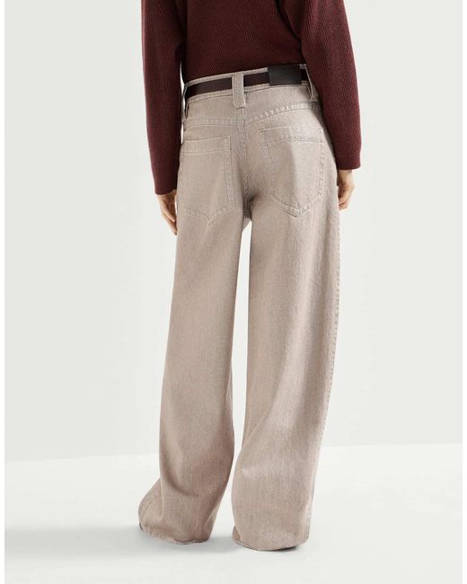 Brunello Cucinelli Natural Lamé-Denim Baggy Trousers With Monili