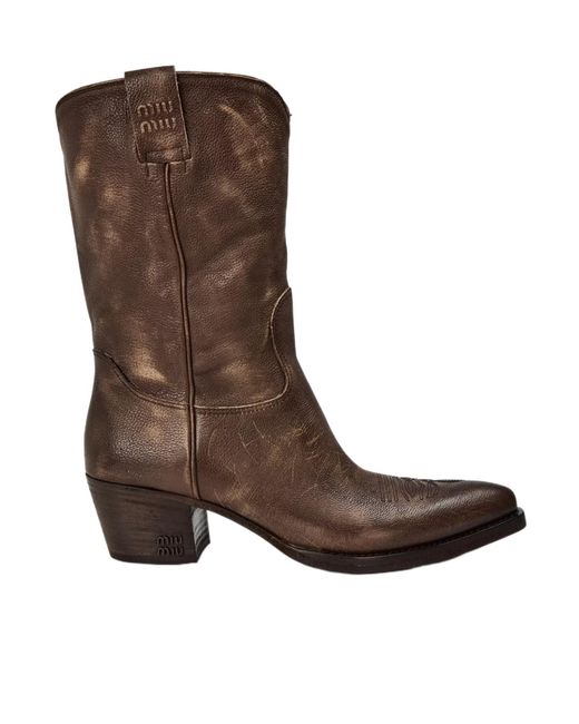 Miu Miu Brown Logo Denim Ankle Boots