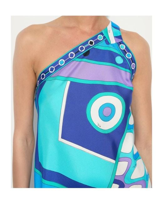 Emilio Pucci Blue Vivara-Printed One-Shoulder Asymmetric Dress