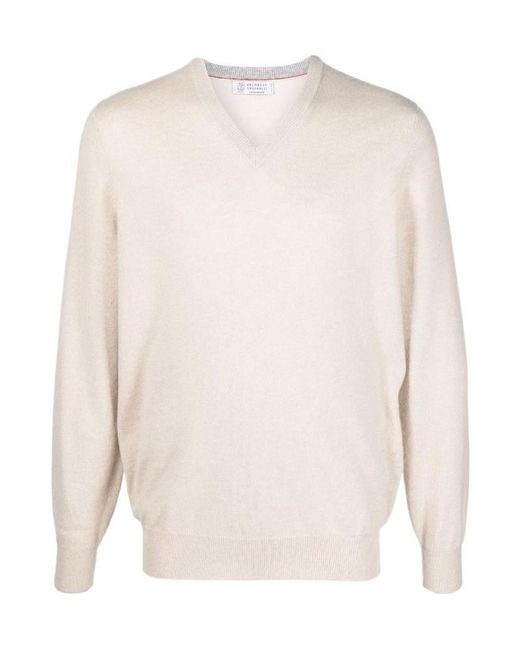 Brunello Cucinelli White Long-Sleeved V-Neck Cashmere Sweater for men