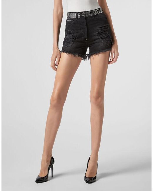 Philipp Plein Black And Logo Details Denim Shorts