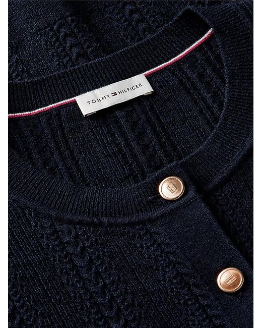 Tommy Hilfiger Blue Pointelle-Tone Button Short Sleeve Cardigan
