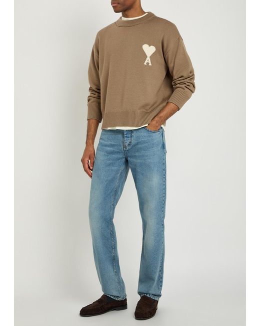 AMI Brown Logo-Intarsia Wool And Cotton-Blend Jumper for men