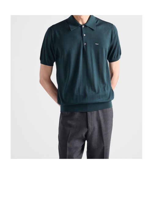 Prada Blue Superfine Wool Polo Shirt for men