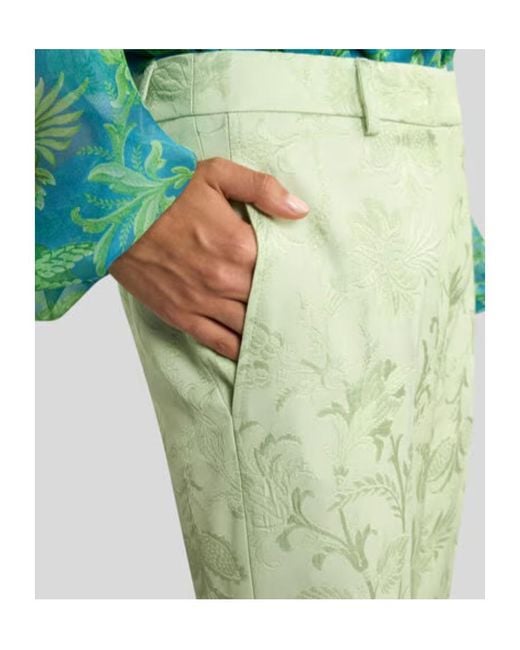 Etro Green Jacquard Bootcut Trousers With Floral Motif