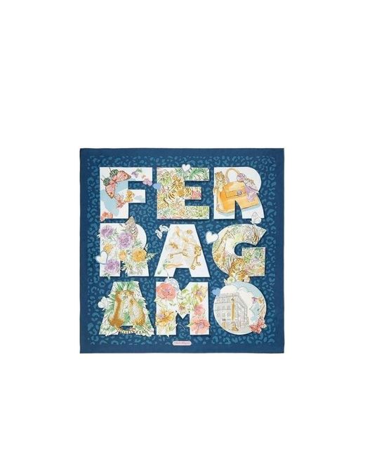 Ferragamo Blue Printed Silk Scarf