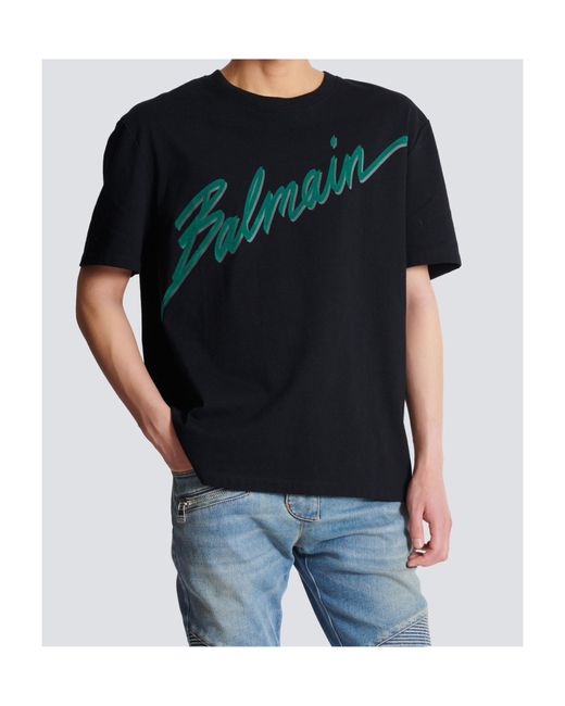Balmain Black Logo Lettre Flocked T-Shirt for men