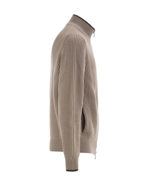 Fedeli Brown Ribbed Stand Collar Zip Cardigan for men