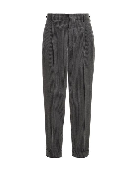 Brunello Cucinelli Gray Frosted Cotton Corduroy Trousers With Double Pleats for men