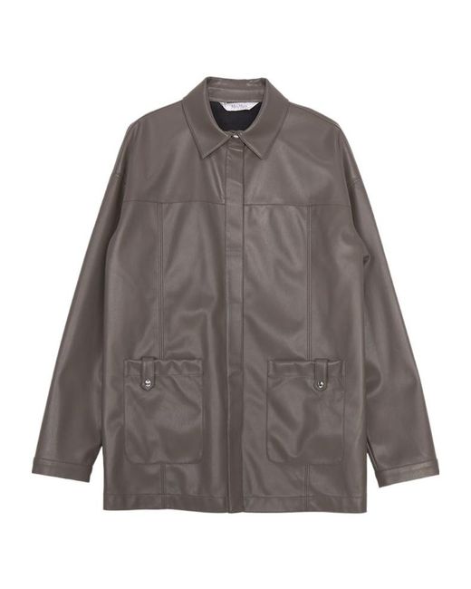 Max Mara Gray Collared Long-Sleeved Leather Jacket